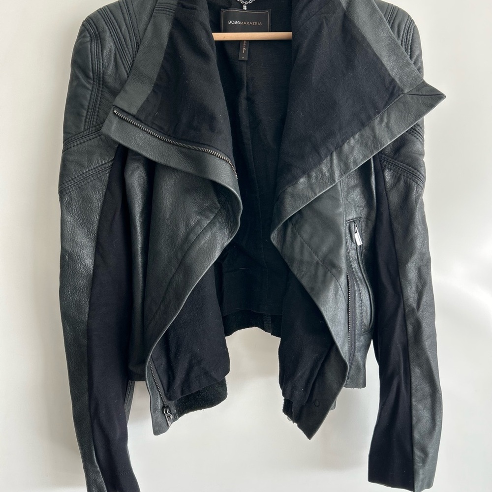 BCBG Black Draped Leather & Knit Mixed-Media Jacket